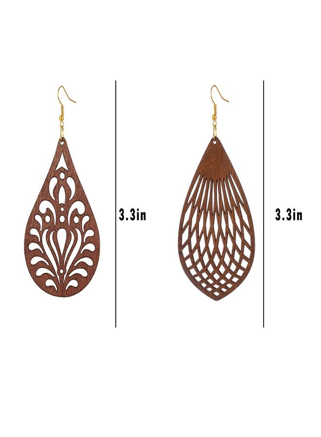 Wovanoo Wood Earrings for Women Natural Wooden Teardrop Drop Dangle Earring Small Flower Brown - Image 2